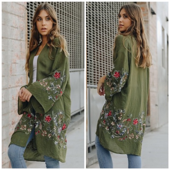 LAST ONE ✨ LONG OPEN FRONT OLIVE BOHEMIAN FLORAL CARDIGAN KIMONO - Picture 3 of 5